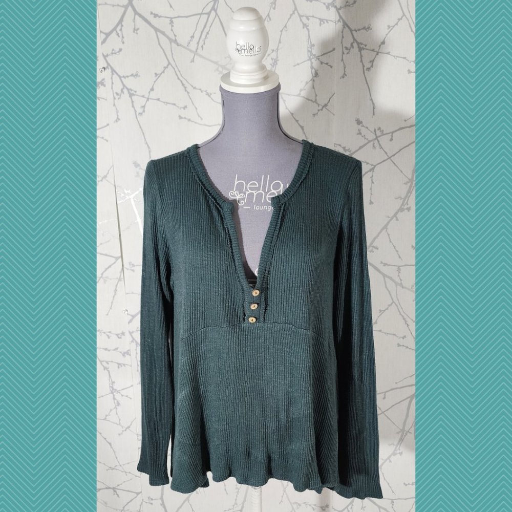 Peach Lover Green Ribbed V-Neck Oversized Henley